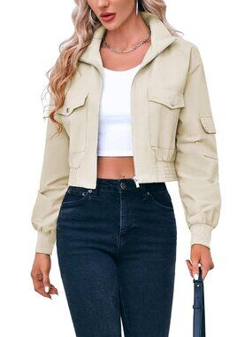 Women's Apricot Cropped Bomber Jacket Lightweight Zip Up Short Coats Long Sleeve